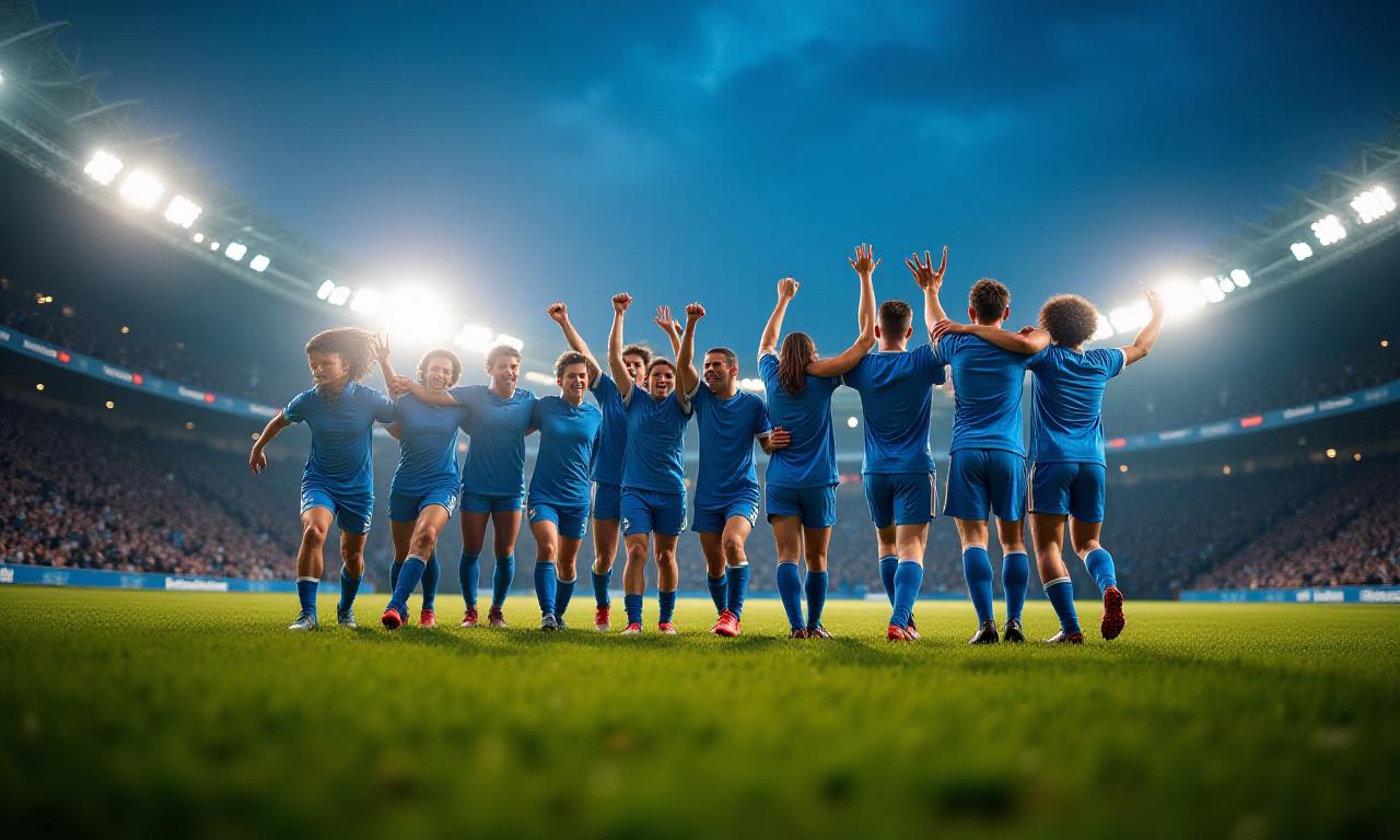 Squadra di calcio amatoriale che festeggia un gol sotto le luci del campo